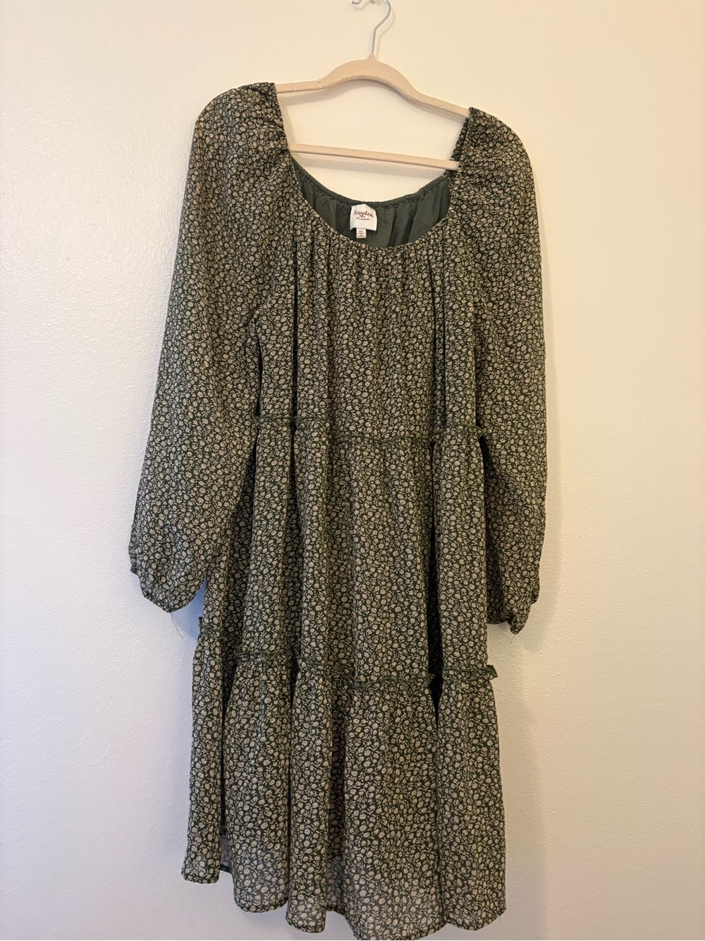 Hayden Olive Floral Long Sleeve Tiered Dress